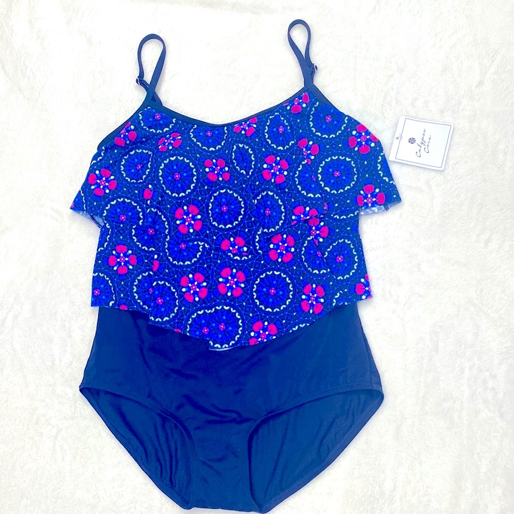 NWT Calypso Cove Double Ruffle One-Piece Navy Swimsuit Size 10  !!
